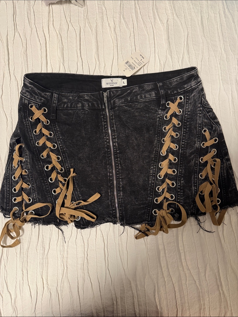 NWT Windsor Black Denim Lace-Up Mini Skort with Tan Tie Detail
